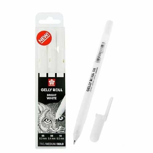 Ручка гелевая для декоративных работ, набор 3 штуки, Sakura Gelly Roll 0.3/0.4/0.5 мм, белый (комплект из 2 шт)