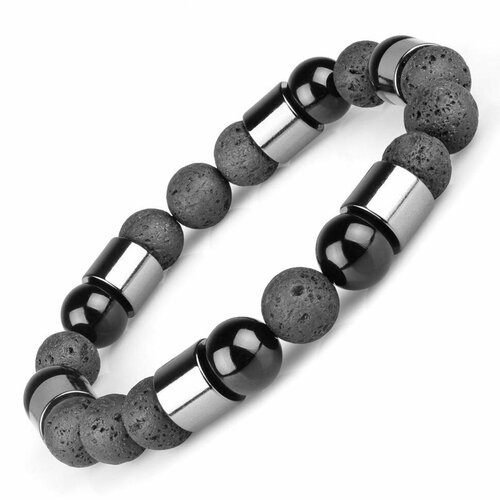 фото Браслет everiot, агат, гематит, базальт, вулканическая лава, размер 22 см, черный