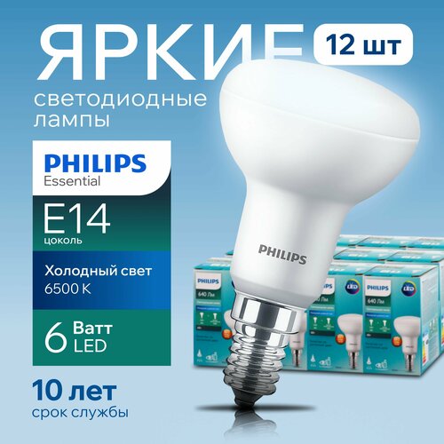 Светодиодная лампочка Philips 6Вт Е14 холодный свет, гриб 6500К R50 ESS LED 865 FR матовая, 6W, E14, рефлектор, 640лм (комплект 12шт)