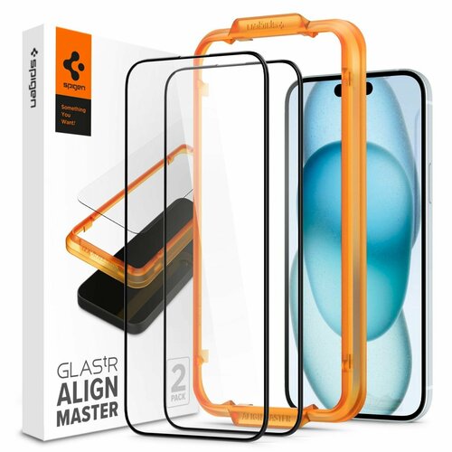 Защитное стекло Spigen на Apple iPhone 15 (AGL06906) Glass tR AlignMaster 2 шт / Спиген стекло для Айфон 15, прочное, олеофобное покрытие, черное