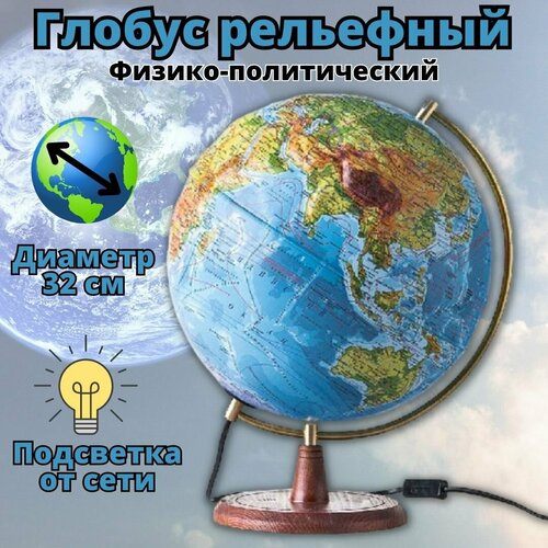 Глобус Земли физико-политический с подсветкой рельефный GlobusOff d=32 см глобус рельефный физико политический с подсветкой d 25 см globusoff 2 штуки