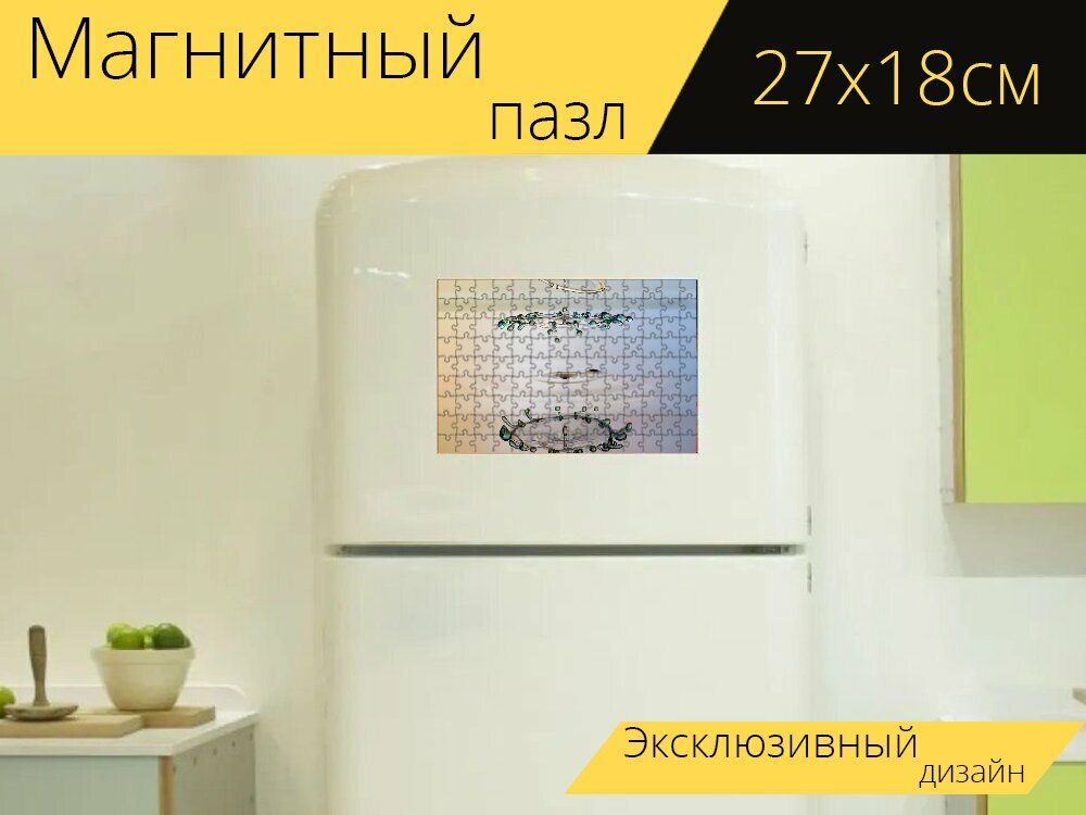 Магнитный пазл "Уронить, всплеск, влияние" на холодильник 27 x 18 см.