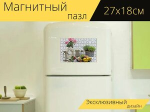 Магнитный пазл "Натюрморт, фрукты, ваза с фруктами" на холодильник 27 x 18 см.