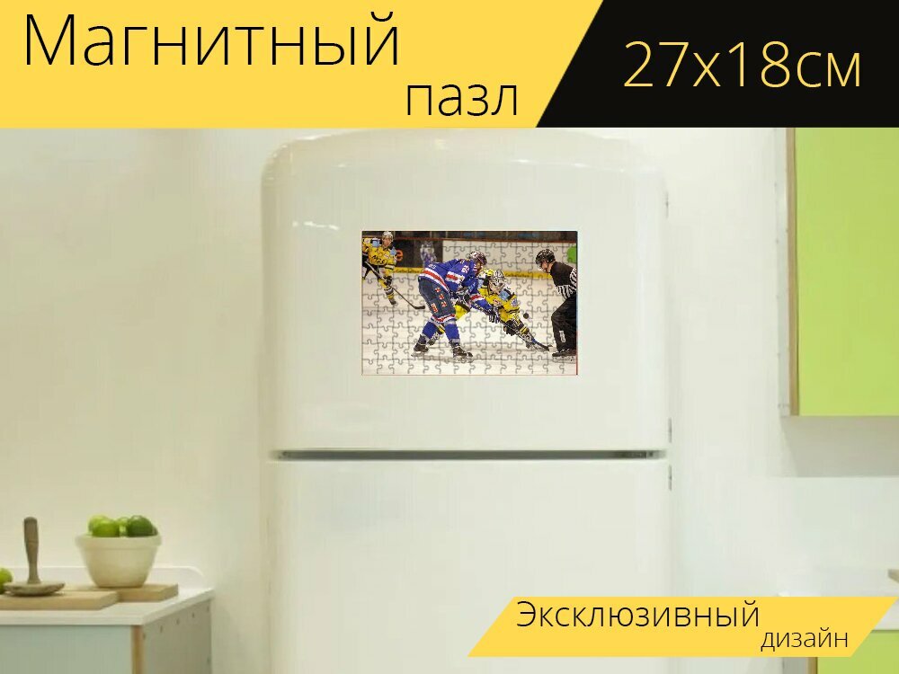 Магнитный пазл "Хоккей на льду, кассель хаски, ледовый стадион" на холодильник 27 x 18 см.