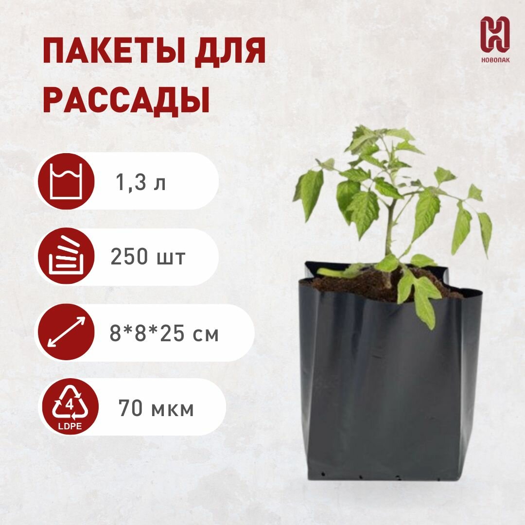 Пакеты для рассады и цветов 1,3л, 250 шт, многоразовые мешочки для рассады, полиэтиленовые мешки для растений с перфорацией и дренажем