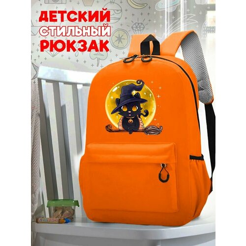 Школьный оранжевый рюкзак с принтом хэллоуин Котик (тыква, ведьмочка, черный котенок, милый, звезды, cute) - 1503