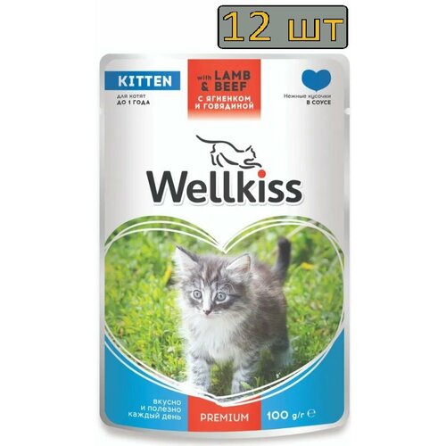 12 штук Wellkiss Kitten Влажный корм (пауч) для котят, с ягненком и говядиной в соусе, 100 гр.