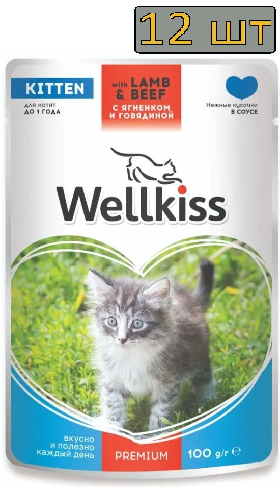12 штук Wellkiss Kitten Влажный корм (пауч) для котят, с ягненком и говядиной в соусе, 100 гр.