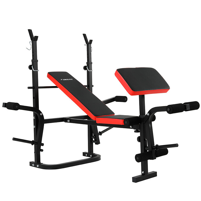 Скамья силовая со стойками UNIX Fit BENCH 120P складная, нагрузка на скамью до 200 кг, 148 x 131 x 110-123 см, с держателями под диски 26 мм. UNIXFIT