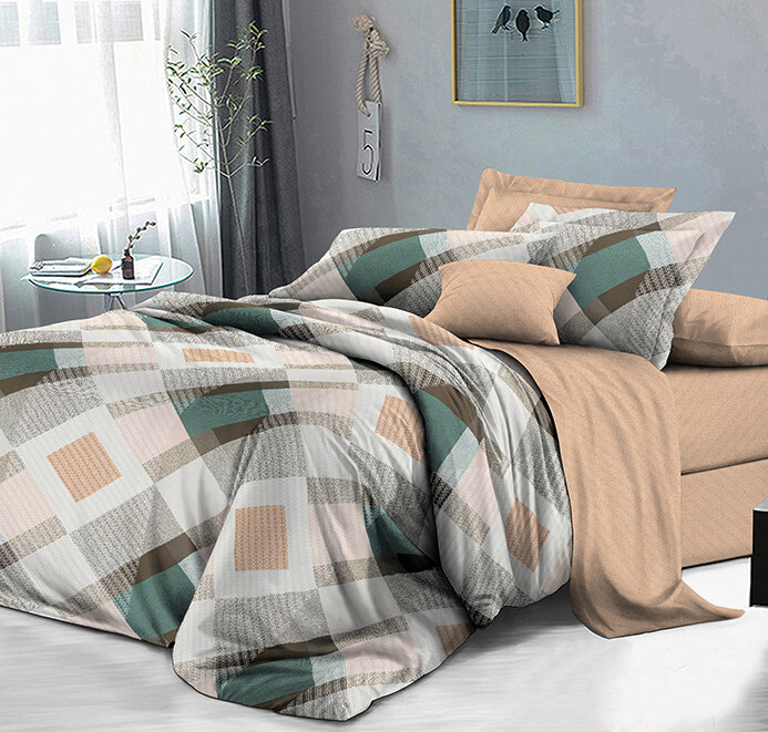Комплект постельного белья из поплина PL-119 Elin (серый-бежевый), 1,5 спальный (наволочки 70x70)