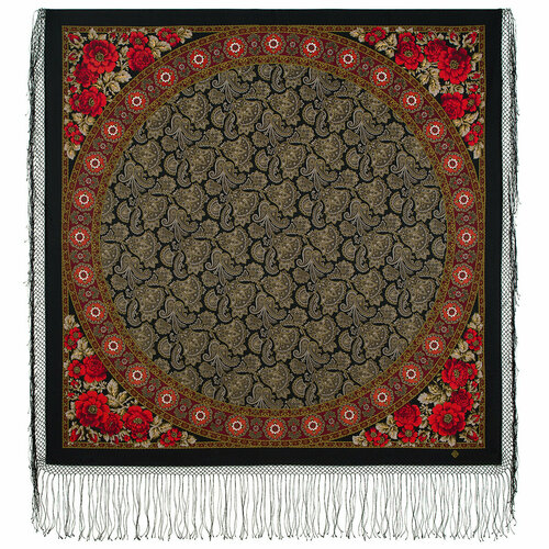 фото Платок павловопосадская платочная мануфактура,148х148 см, черный, бежевый
