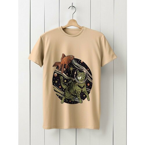 фото Футболка hypnotica футболка унисекс бежевая из хлопка с dtf принтом хеллоуин космонавт (космос, звезды скафандр, кот, рыба) - 8419, размер 2xl, бежевый