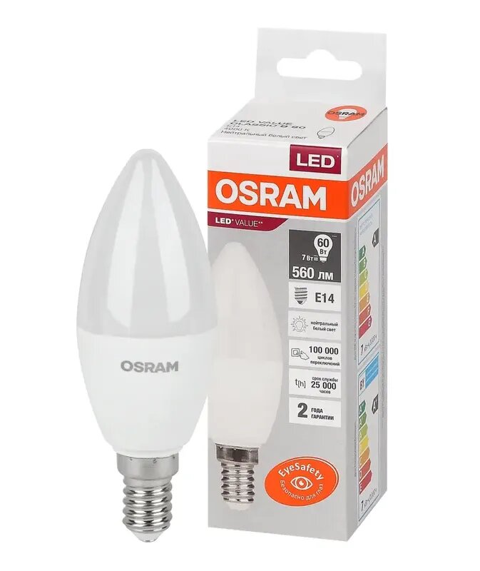 Лампочка светодиодная OSRAM Свеча B E14 7Вт 220В 560Лм 4000К Дневной белый упаковка 1шт