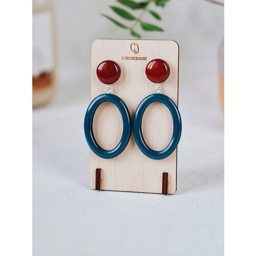 Серьги пусеты Слонвиш, дерево, эмаль, пластик, коричневый, синий