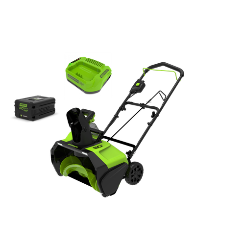 Снегоуборщик аккумуляторный Greenworks GD60PSTK8 60V, бесщеточный, ширина захвата 51 см, высота захвата 25 см, комплект АКБ 8 Ач + быстрое ЗУ зеленый, черный