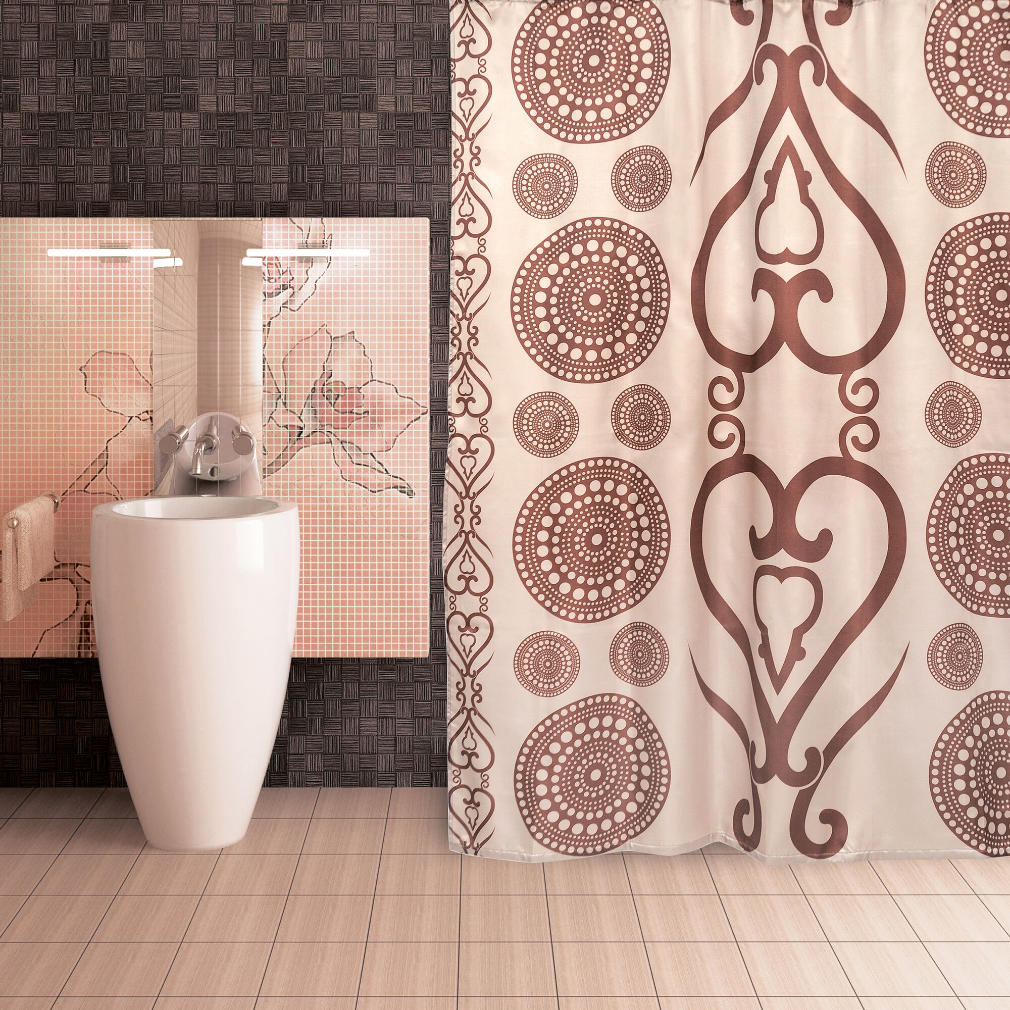 Занавеска (штора) Zelidzh для ванной комнаты тканевая 180х200 см, цвет коричневый бежевый