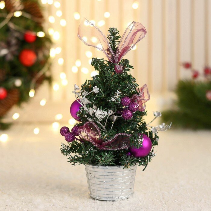 Декоративное украшение Зимнее волшебство "Праздничная елка", бантик, шары, 10х17 см, сиреневая