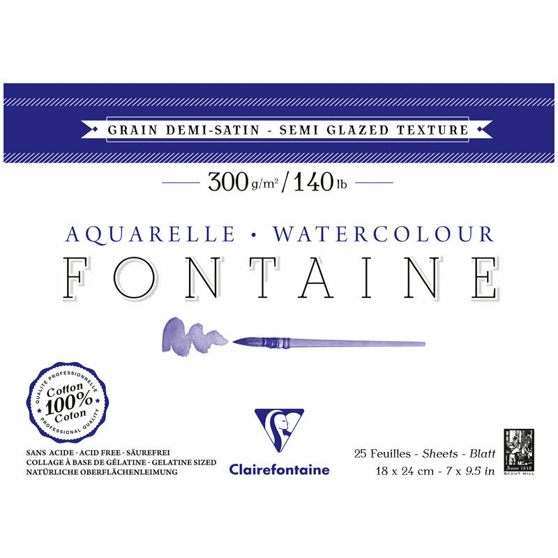 Альбом для акварели 25л, 18×24, на склейке Clairefontaine «Fontaine Demi-satiné», 300г/м2, горяч. пресс, полу-сатин