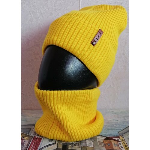 фото Шапка бини , демисезон/зима, хлопок, подкладка, утепленная, размер 44-59, желтый amid vokhash