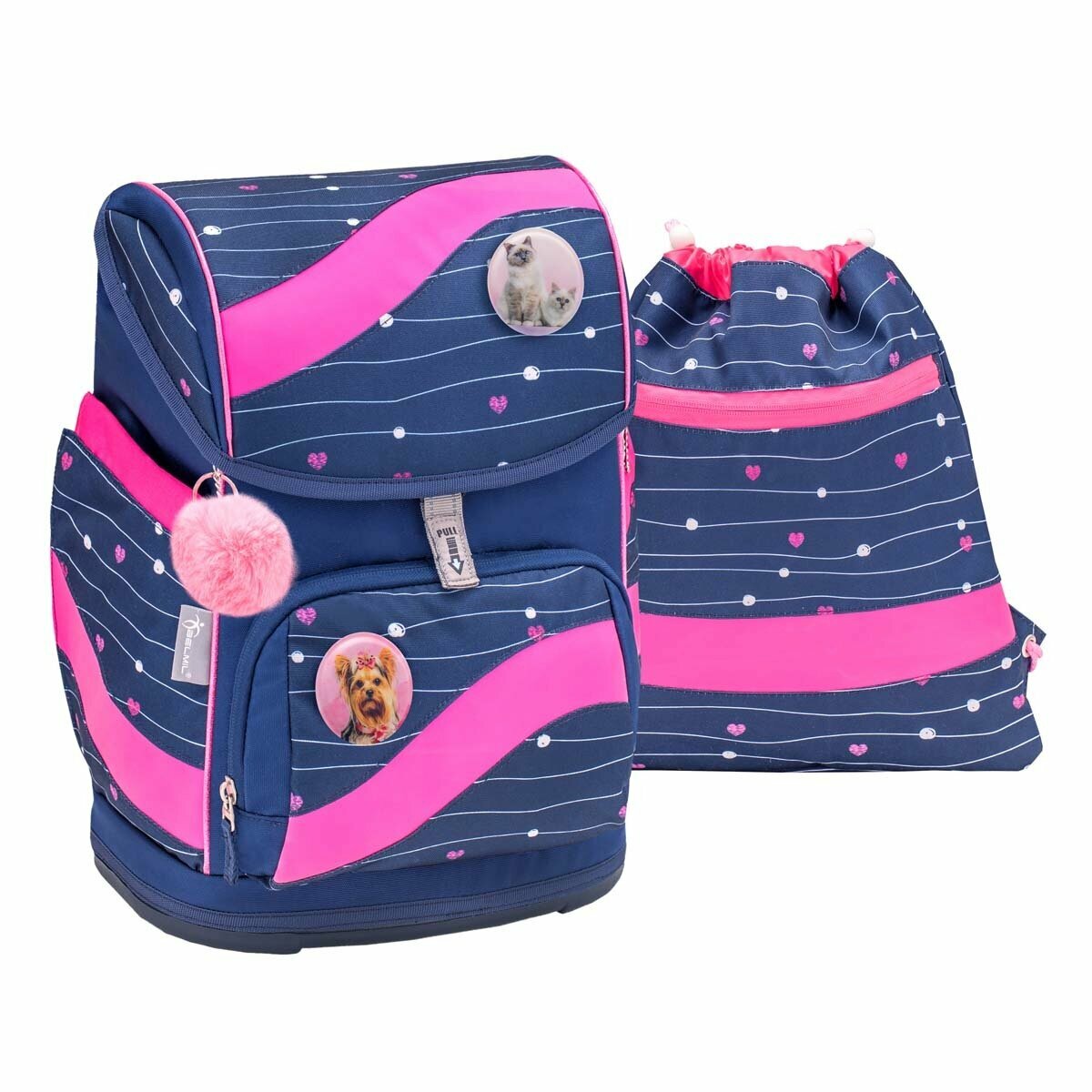 Школьный ранец BELMIL SMARTY ERGONOMIC SCHOOLBAG 405-51/9 SIMPLE HEART 2 SET, с наполнением, набор 2 предмета