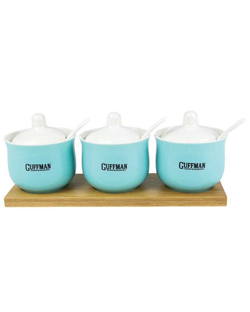 Набор керамической посуды, состоящий из трех баночек объемом 0,15 л. Голубого цвета с белам C-06-037-BW