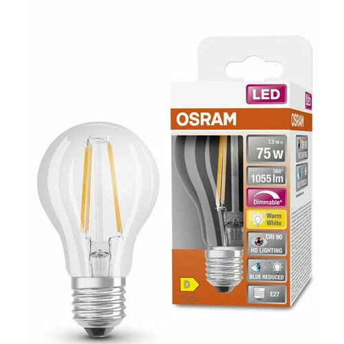 Светодиодная лампа LEDVANCE-OSRAM Osram LEDSSPCL A 75D DIM FIL 7.5W/927 (=75W) 220-240V E27 320° 1055Lm прозр.