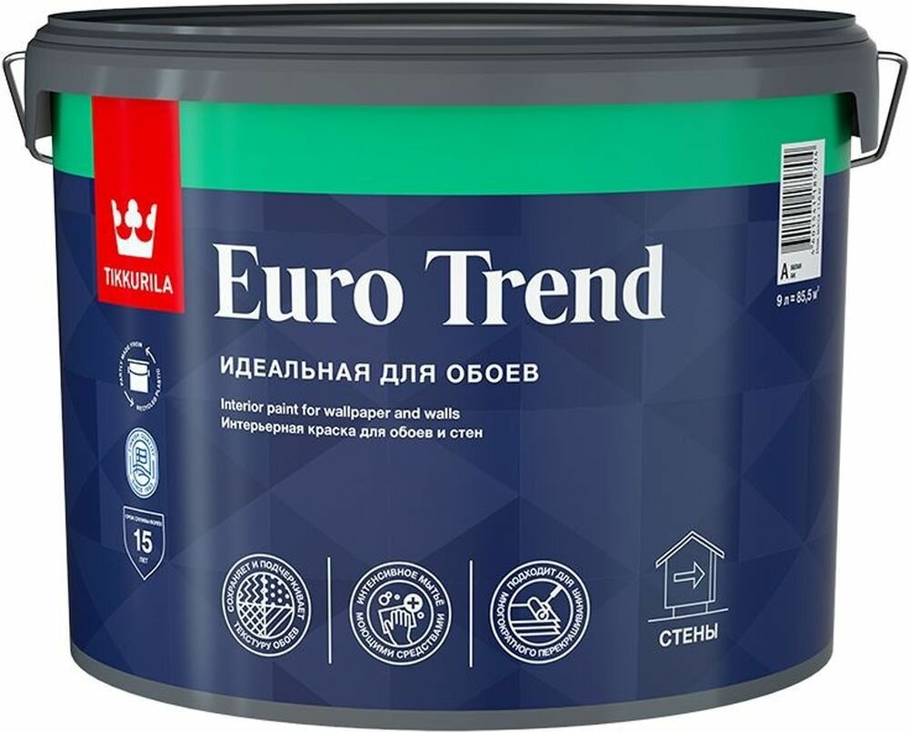 Краска для обоев и стен Tikkurila Euro Trend матовая база А 9 л