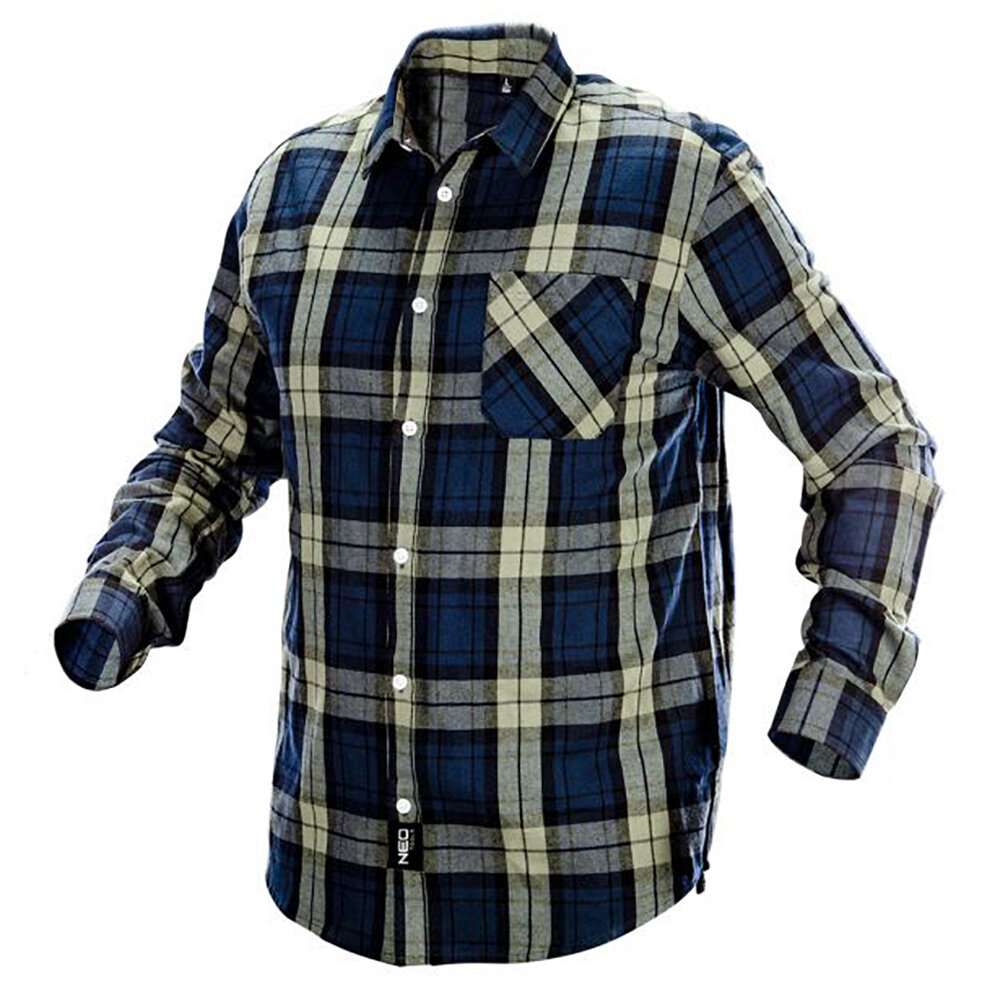 Рубашка мужская NEO Tools фланелевая рост 176-182 L оливково-синяя клетка