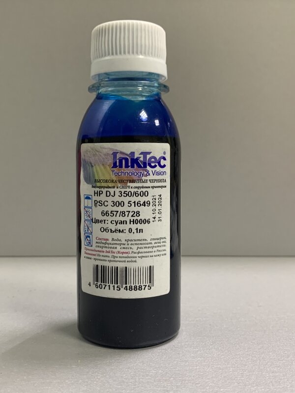 Чернила InkTec H0006 для HP DJ 350/600/ PSC 300 51649/6657/8728 , C, 0,1 л, голубой