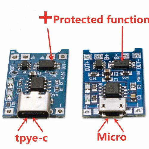 Модуль заряда TP4056 с защитой USB Type-C и Micro USB, комплект из двух плат 2шт плата зарядки и защиты li ion аккумуляторов до 1а на tp4056 microusb