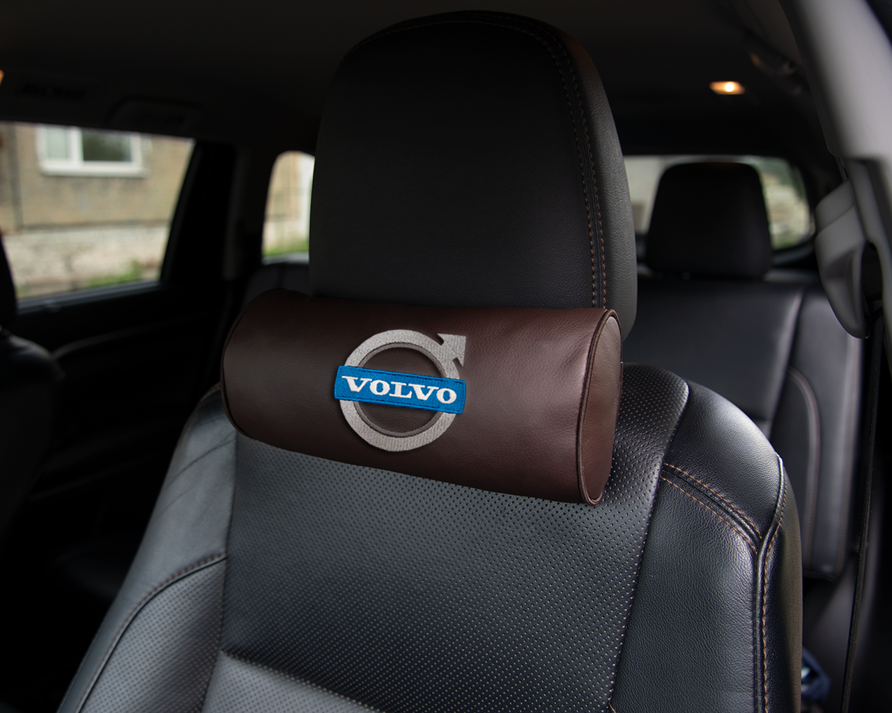 Автомобильная подушка-валик на подголовник экокожа Coffee c вышивкой VOLVO