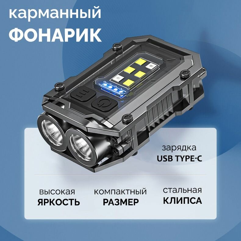 Яркий карманный edc фонарь-брелок с магнитом на ключи, type c (белый)