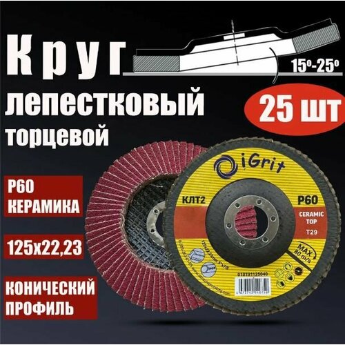 Лепестковый торцевой круг iGrit Ceramic Тор; КЛТ2 125х22,23мм; Р60; 25 шт.