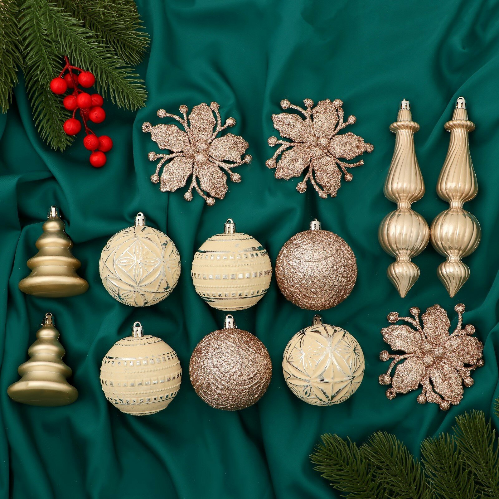 Ёлочные игрушки «Изыски праздника» новогодние набор 13 шт белый/золотистый