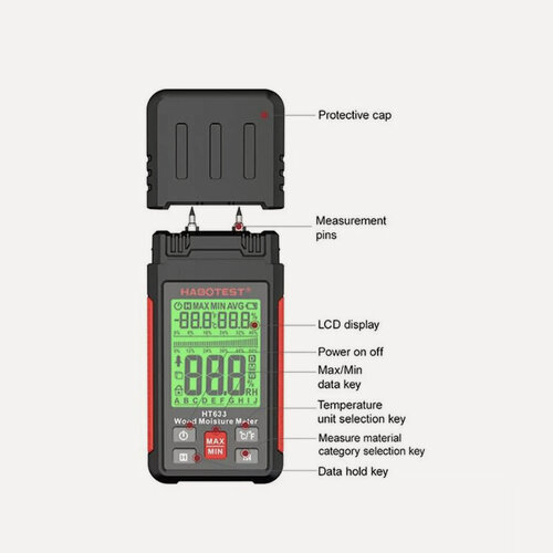 Изображение товара Деревянный гигрометр HABOTEST HT633, игольчатый цифровой детектор влажности, температура и влажность с подсветкой дисплея