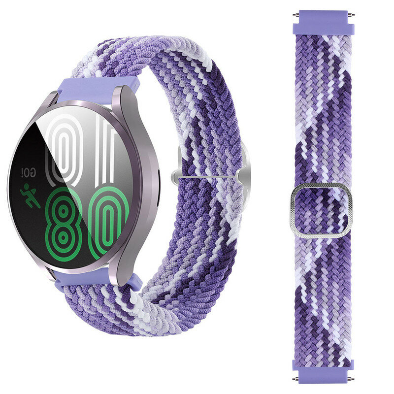 фото Ремешок плетеный нейлоновый для часов 20 mm Garmin, Samsung Galaxy Watch, Huawei Watch, Honor, Xiaomi Amazfit, 20 фиолетово-белый