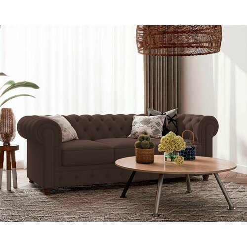 Диван-кровать прямой Chesterfield для гостиной c подлокотниками, коричневый, велюр, раскладной, 190х105х81см