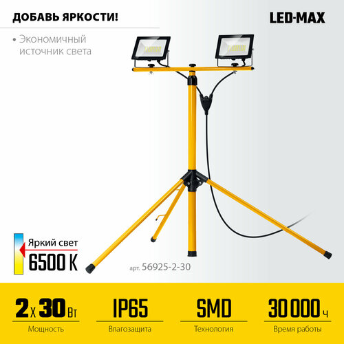STAYER 2х30Вт, 6500К IP65, 1.6 м Светодиодные прожекторы на штативе LED-MAX, (56925-2-30)