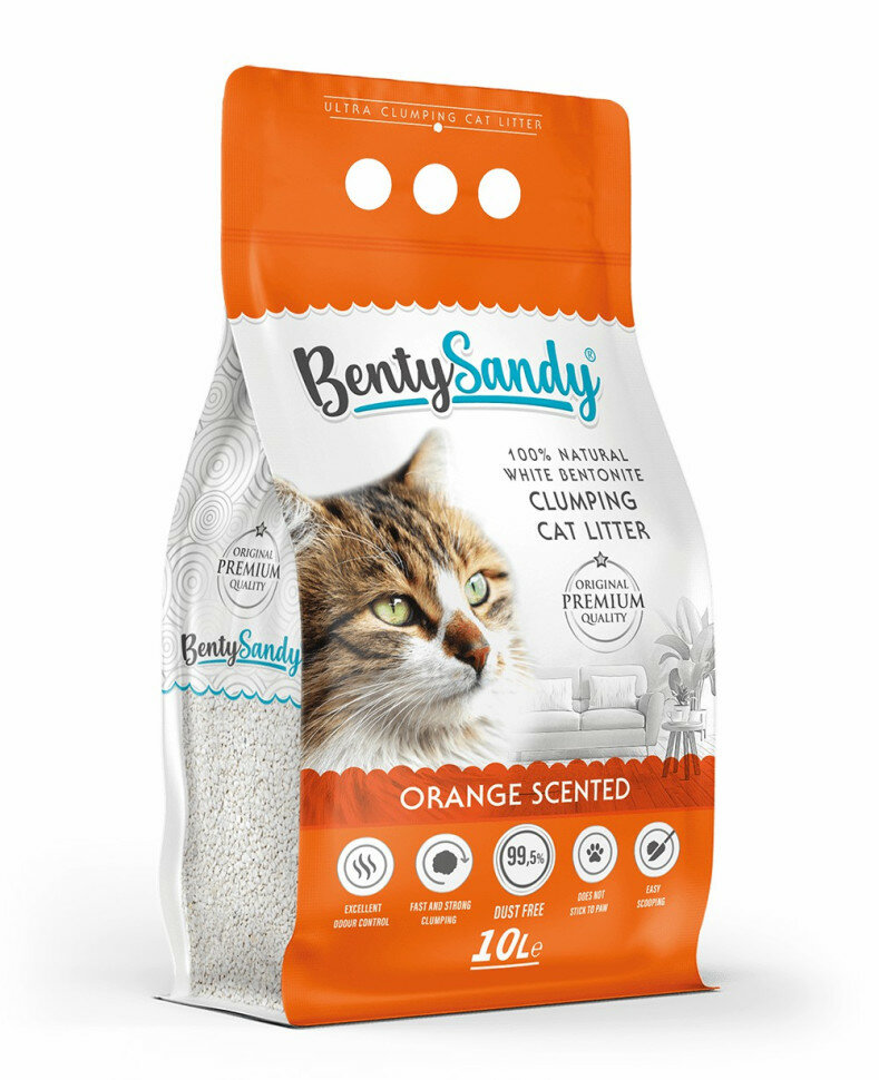 BentySandy Orange наполнитель для кошачьего туалета комкующийся, глиняный, с ароматом апельсина - 10 л (8,7 кг)