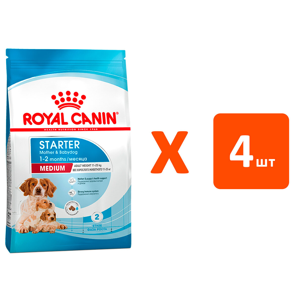 ROYAL CANIN MEDIUM STARTER для щенков средних пород до 2 месяцев, беременных и кормящих сук (4 кг х 4 шт)