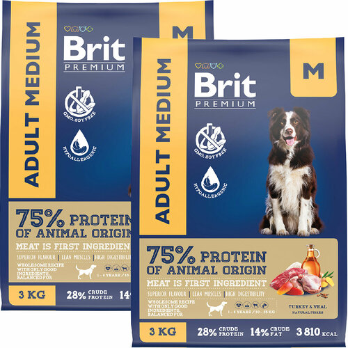 BRIT PREMIUM DOG ADULT MEDIUM для взрослых собак средних пород с индейкой и телятиной (3 + 3 кг)