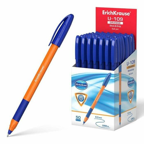 Ручка шариковая ErichKrause U-109 Orange Stick Grip 1.0, Ultra Glide Technology, синяя, 50 шт.