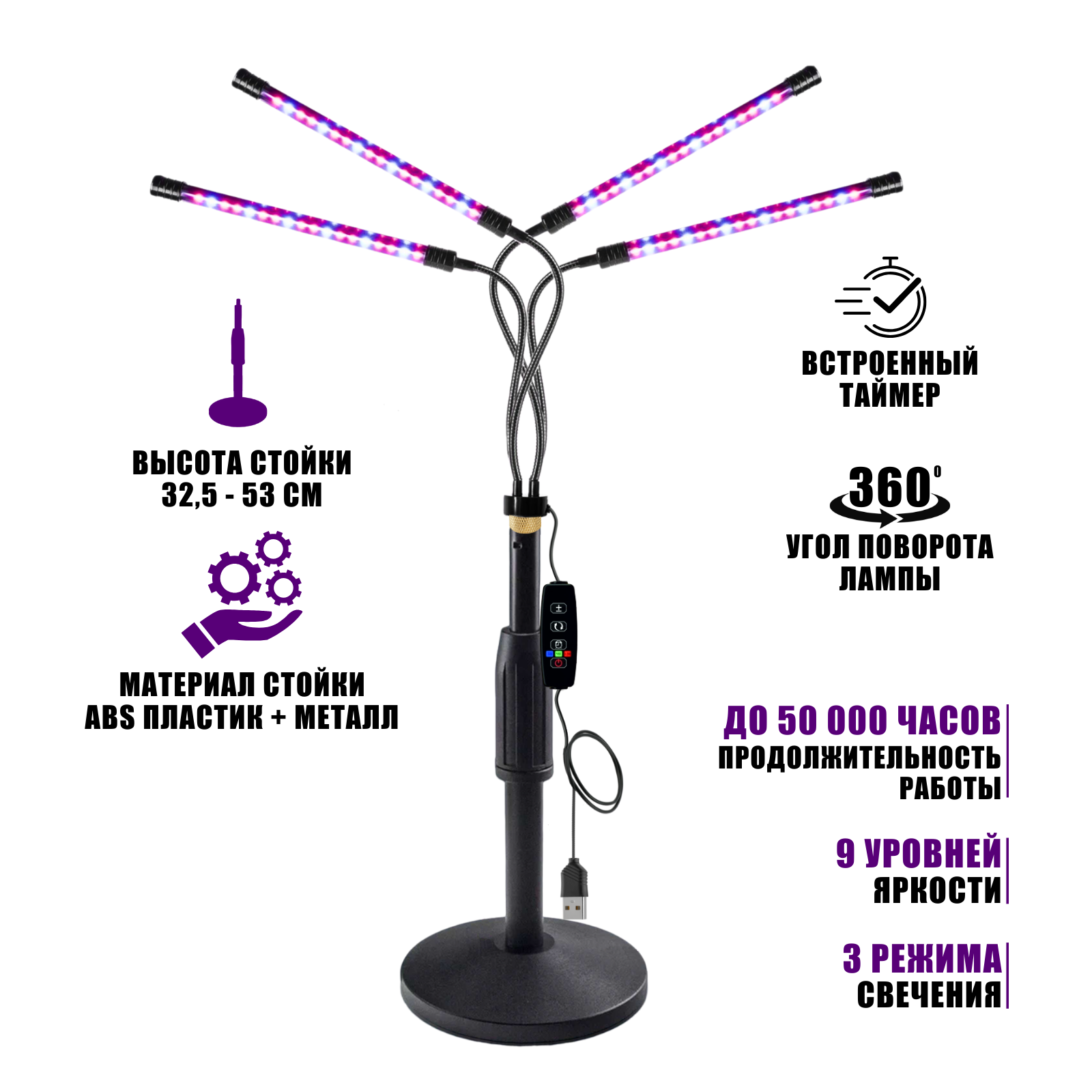 Фитолампа для растений с пультом на проводе, 4 панели, на настольной стойке ZM-35Z
