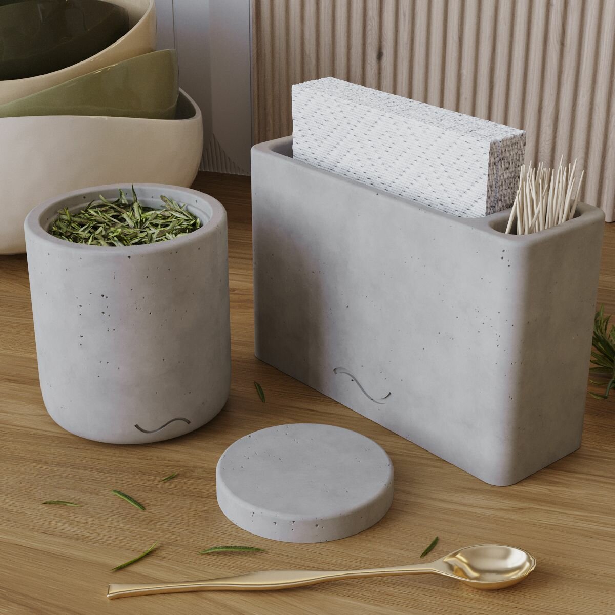 Набор для кухни Musko 23 (салфетница Lina, емкость для сыпучих продуктов Astrid S с бетонной крышкой), бетон, серый матовый