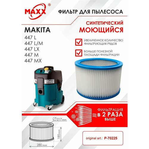 Фильтр воздушный D275x187 синтетический, моющийся для пылесоса Makita 447 L (М, LX, MX) art: P-70225 пылесос makita dvc157lzx3