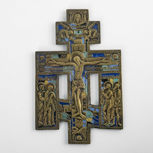 Крест киотный "Распятие Христово с предстоящими и избранными святыми" с 5-и цветной эмалью