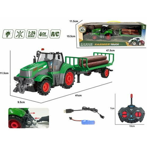 фото Трактор 1:24 с прицепом на ру (свет) в коробке китай