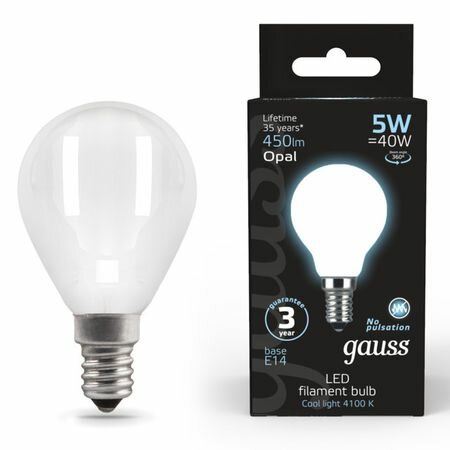 Лампа филаментная GAUSS 5Вт LED Е14 450Лм LED 4100К milky Шар