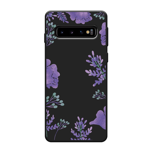 Матовый силиконовый чехол на Samsung Galaxy S10 / Самсунг S10 Сиреневая цветочная рамка, черный
