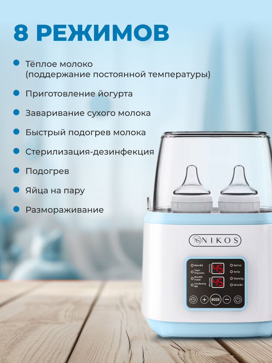 Картинки Подогреватель-стерилизатор NIKOS для стерилизации бутылочек, сосок и поддержания нужной температуры детской смеси 8 в 1